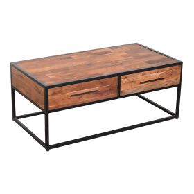 2 Drawer Industrial Metal Coffee Table with Wooden Tile Top; Brown and Black