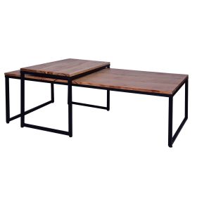 48; 27 Inch 2 Piece Rectangular Wood Nesting Coffee and End Table Set; Sled Metal Base; Brown; Black