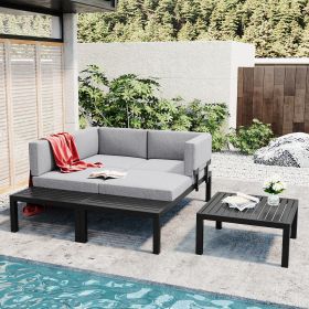 TOPMAX Outdoor 3-piece Aluminum Alloy Sectional Sofa Set with End Table and Coffee Table; Black Frame+Gray Cushion