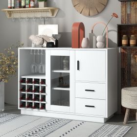 Kitchen Functional Sideboard with Glass Sliding Door and Integrated 16 Bar Wine Compartment, Wineglass Holders