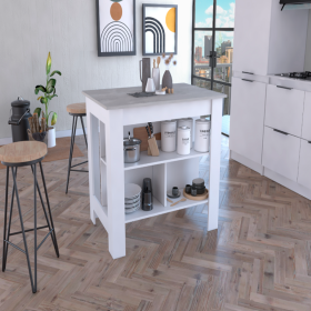 Kitchen Island Dozza, Three Shelves, White / Ibiza Marble Finish