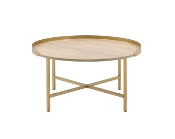 Mithea Coffee Table; Oak Table Top & Gold Finish