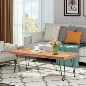 ON-TREND Modern Coffee Table; Easy Assembly Tea Table Cocktail Table w/Chevron Pattern &amp; Metal Hairpin Legs; Nature Rough