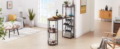 Bar table with bottle holder and glass holder;  multifunctional high bar table;  can hold 8 bottles of wine and 9 glasses;  with side storage.