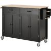 Kitchen Island Cart with Solid Wood Top and Locking Wheels; 54.3 Inch Width; 4 Door Cabinet and Two Drawers; Spice Rack; Towel Rack (Black)