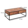 2 Drawer Industrial Metal Coffee Table with Wooden Tile Top; Brown and Black