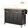 Kitchen Island Cart with Solid Wood Top and Locking Wheels; 54.3 Inch Width; 4 Door Cabinet and Two Drawers; Spice Rack; Towel Rack (Black)