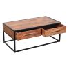 2 Drawer Industrial Metal Coffee Table with Wooden Tile Top; Brown and Black