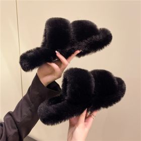 Cozy Warm Fluffy Home Slippers Women 2022 New Korean Winter Fur Slippers For Women Flip Flops Flat Platform House Indoor Shoes (Color: Black)