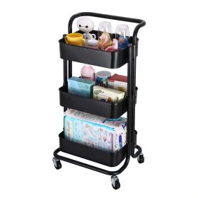 3-Tier Metal Rolling Utility Cart Multi-function Organizer Shelf Kitchen Organizer Rack Tower Rack with Wheels Trolley Cart, Black (Color: Black)