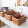 3pcs Hand-Woven Rattan Wicker Basket Fruit Tea Snack Bread Basket Cosmetic Rectangular Storage Box Household Kitchen Room Supply